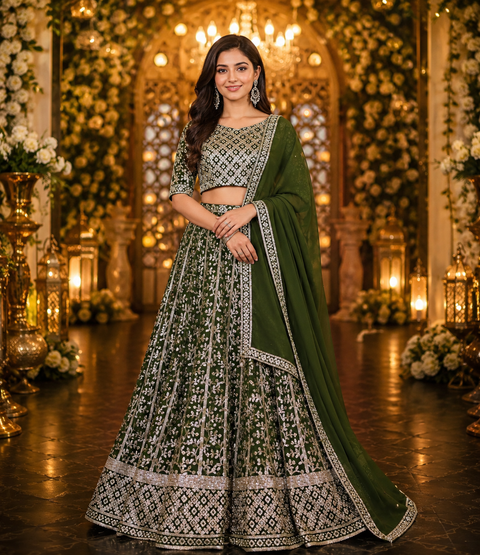 All over embroidery with sequined work heavy design crop top blouse with heavy work multiflared lehnga and netting dupatta