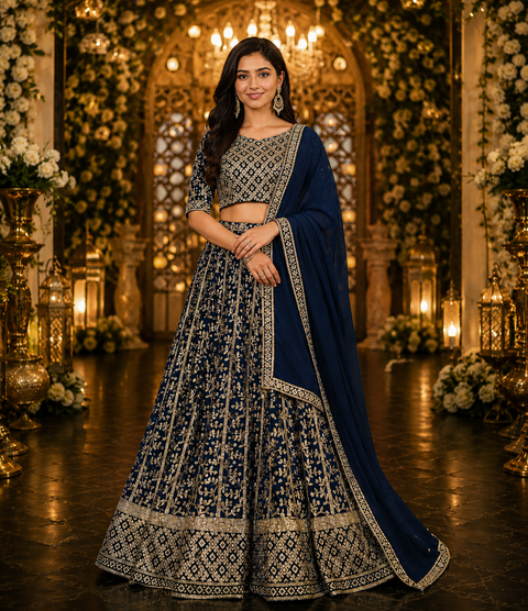 All over embroidery with sequined work heavy design crop top blouse with heavy work multiflared lehnga and netting dupatta(slight variation in color and design is possible)