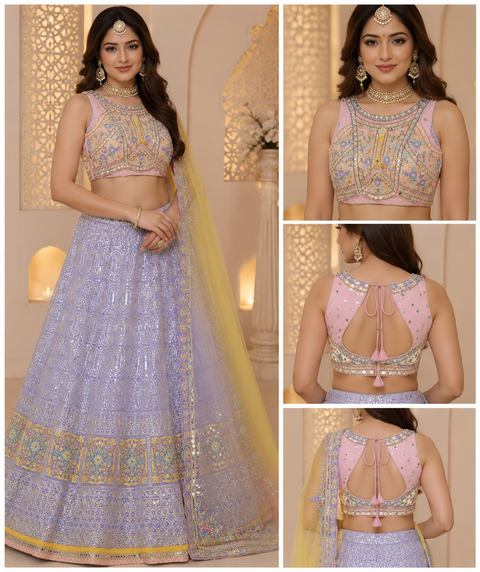 (Video clip attached)Silk based embroidery with hand work crop top designer blouse with heavy work multiflared lehnga and netting dupatta(slight variation in color and design is possible)