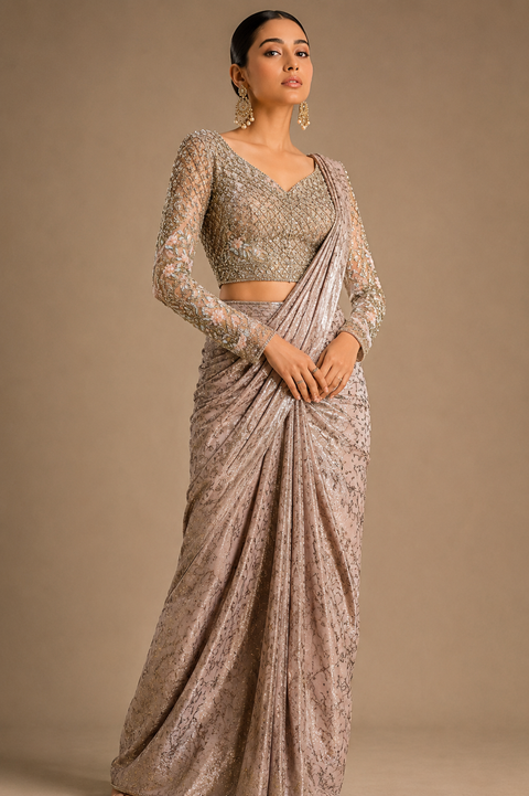 Beautiful ready-to-wear saree paired with a premium heavy handwork blouse, handcrafted beadwork, sequins, and floral embroidery. Designed to add elegance, luxury, and timeless charm to your special Occassion(slight variance in color and design is possible