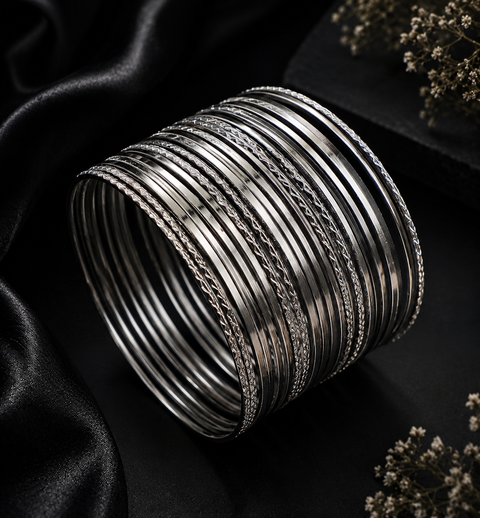 Mat shimmer look plain Oxidised bangles set (price per pack) (slight variance in color and shades are possible )