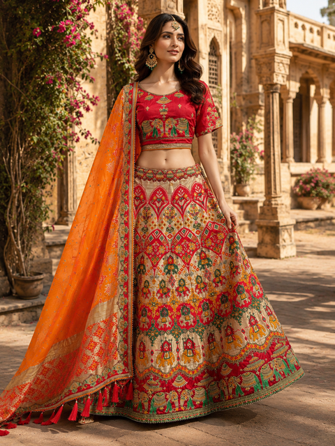 (Video clip attached)SIZE 42 (Upto 44))Multicoloured Banarasi silk Based Beautiful hand Embroidery Work With Golden Fine Stones work Designer semi/Bridal Lehnga With Tessels Attached To Blouse & Lehnga(slight variation in color and design is possible)