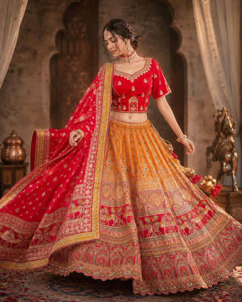 (Video clip attached)SIZE 42 (Upto 44))Mustard & Red Banarasi silk Based Beautiful hand Embroidery Work With Golden Fine Stones work Designer semi/Bridal Lehnga With Tessels Attached To Blouse & Lehnga(slight variation in color and design is possible)
