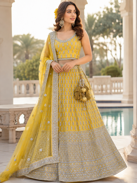 (Video clip attached)SIZE 42 (Upto 46))Yellow colour netting Based Beautiful Embroidery & silver Fine Stones work Heavy Layered Designer semi/Bridal Lehnga With Heavy Tessels Attached Lehnga(slight variation in color and design is possible)