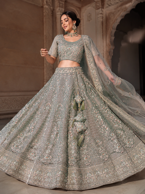 (Video clip attached) SIZE 40 (UPTO 44) Pastel Mint colour heavy embroidery with stone work fully heavy flared beautiful designer Readymade lehnga with heavy embroidered dupatta(slight variation in color and design is possible)