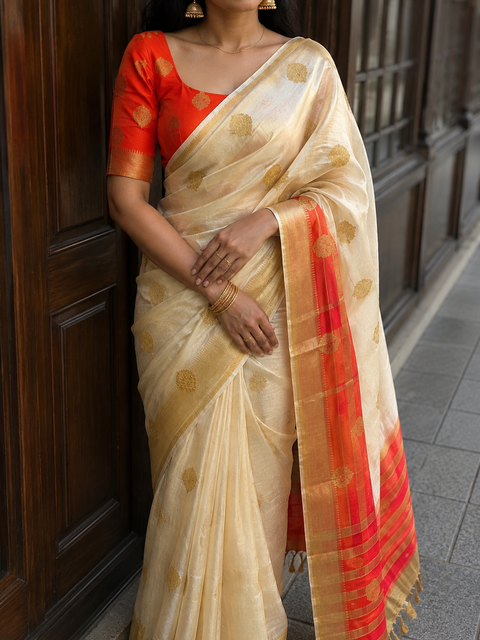 Elegant Off-White Banarasi Silk Saree adorned with delicate zari-woven butis, a rich contrast red-gold pallu and graceful tassel detailin,Comes with an unstitched running blouse piece attached to the saree (slight variation in color and design is possible