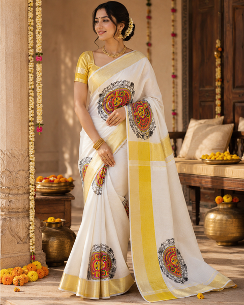 Elegant Kerala Style Gold Tissue Saree featuring a traditional golden border and vibrant Kathakali-inspired motifs, (Comes With An Unstitched Running Blouse Piece Attached To The Saree (Slight Variation In Color And Design is possible)