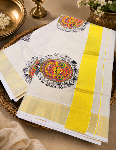 Elegant Kerala Style Gold Tissue Saree featuring a traditional golden border and vibrant Kathakali-inspired motifs, (Comes With An Unstitched Running Blouse Piece Attached To The Saree (Slight Variation In Color And Design is possible)