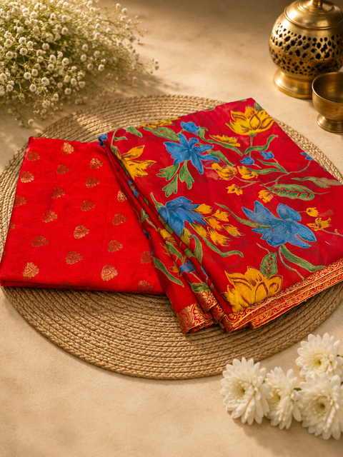 Very Soft Georgette saree with floral print all over & zari woven border , Comes With An Unstitched Blouse Piece Attached To The Saree (This saree comes with a fall already stitched for added convenience(slight Variation In Color And Design Is Possible)