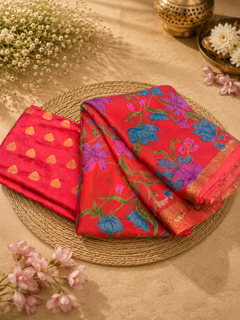 Very Soft Georgette saree with floral print all over & zari woven border , Comes With An Unstitched Blouse Piece Attached To The Saree (This saree comes with a fall already stitched for added convenience(slight Variation In Color And Design Is Possible)