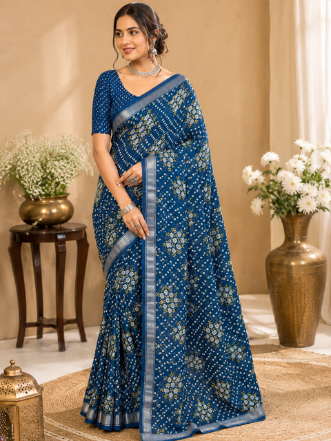 Very Soft Georgette saree with floral print all over & zari woven border , Comes With An Unstitched Blouse Piece Attached To saree(slight Variation In Color And Design Is Possible)