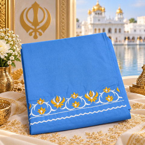 Elegant Hazoori Saropa crafted in rich light blue fabric, adorned with traditional yellow and white embroidery and a delicate scalloped border.Size (around 216cms lenth / 84 cms wide)