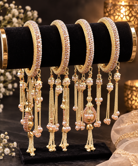 Beautiful Golden fine stone shiny Brass Bangles with Beautiful Latkan set (Sample picture attached at end to show it can be customised with plain Velvet or Metal Bangles)set of 4 Bangles(slight variation in color & design may occur)