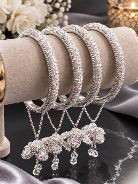 Beautiful Silver fine stone shiny Brass Bangles with Beautiful Latkan set (Sample picture attached at end to show it can be customised with plain Velvet or Metal Bangles)set of 4 Bangles (slight variation in color & design may occur)
