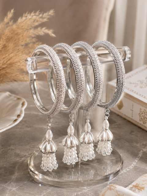 Beautiful Silver fine stone shiny Brass Bangles with Beautiful Latkan set (Sample picture attached at end to show it can be customised with plain Velvet or Metal Bangles)set of 4 Bangles (slight variation in color & design may occur)