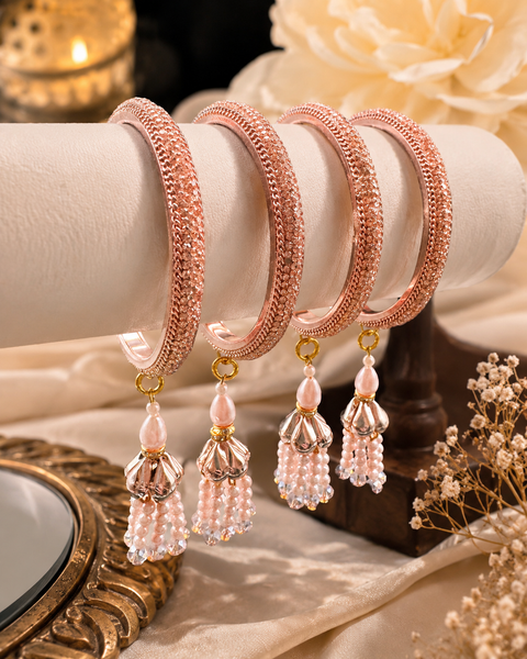 Beautiful Rosegold fine stone shiny Brass Bangles with Beautiful Latkan set (Sample picture attached at end to show it can be customised with plain Velvet or Metal Bangles)set of 4 Bangles (slight variation in color & design may occur)