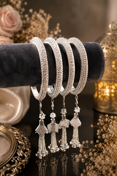 Beautiful silver fine stone shiny Brass Bangles with Beautiful Latkan set (Sample picture attached at end to show it can be customised with plain Velvet or Metal Bangles)set of 4 Bangles