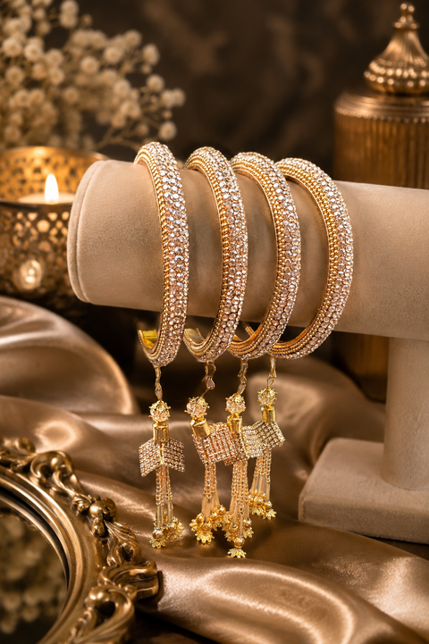 Beautiful Golden fine stone shiny Brass Bangles with Beautiful Latkan set (Sample picture attached at end to show it can be customised with plain Velvet or Metal Bangles)set of 4 Bangles