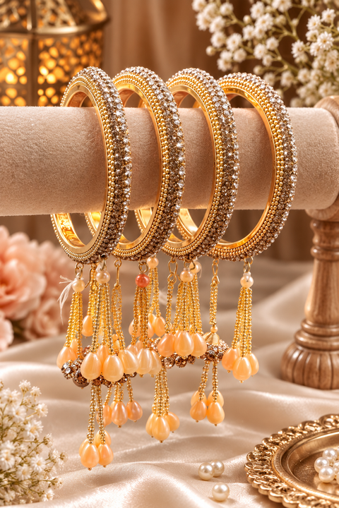Beautiful Golden fine stone shiny Brass Bangles with Beautiful Latkan set (Sample picture attached at end to show it can be customised with plain Velvet or Metal Bangles)set of 4 Bangles (slight variation in color & design may occur)