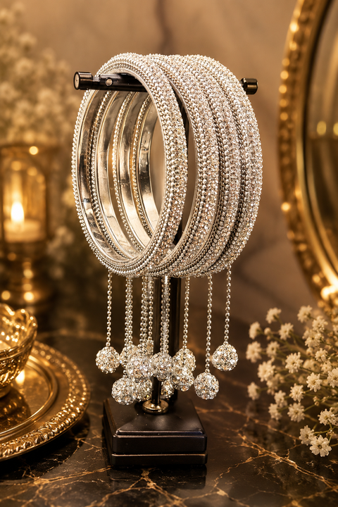 Beautiful Silver fine stone shiny Brass Bangles with Beautiful Latkan set (Sample picture attached at end to show it can be customised with plain Velvet or Metal Bangles)set of 4 Bangles (slight variation in color & design may occur)