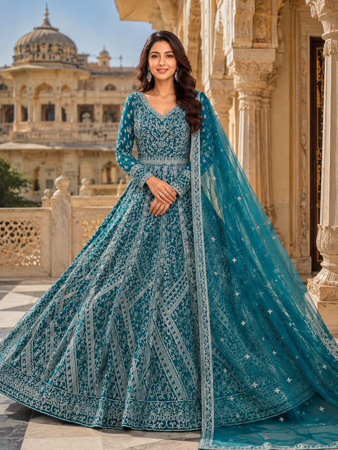 (Video clip attached ) Teal color Netting based heavy Embroidery With Sequined Work Designer Kameez /Gown and Georgette Based heavy embroidery work with sequined work Dupatta