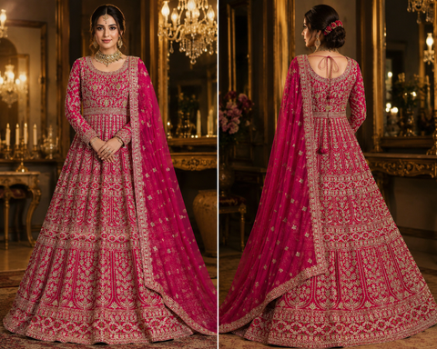 (Video clip attached)Chiffon georgette Based bridal style heavy design stones work With heavy embroidery Work at front and back Designer Flared Kameez /Gown And netting Based Embroidery Work heavy Dupatta