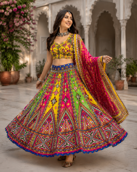 Cotton-based traditional Chaniya Choli set featuring a huge ankle-length flare and a long free-size blouse. Slight variation in colour and design may occur. Model is shown for reference purposes only. (Blouse can be altered in any size below 44 )