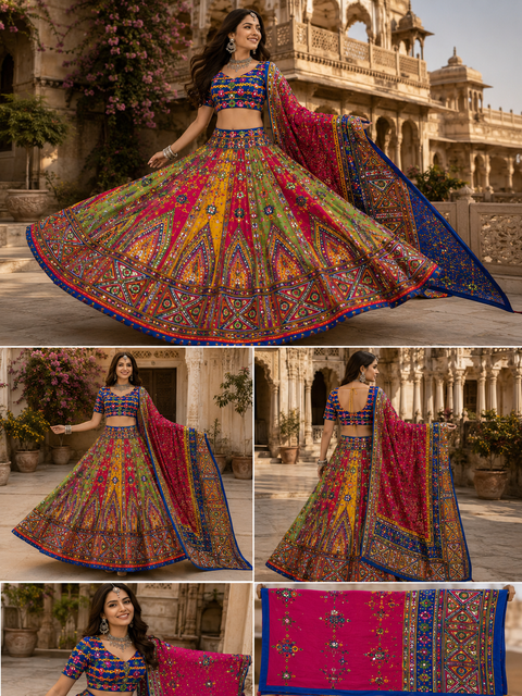 Cotton-based traditional Chaniya Choli set featuring a huge ankle-length flare and a long free-size blouse. Slight variation in colour and design may occur. Model is shown for reference purposes only. (Blouse can be altered in any size below 44 )