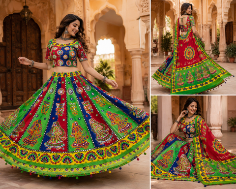 Cotton-based traditional Chaniya Choli set featuring a huge ankle-length flare and a long free-size blouse. Slight variation in colour and design may occur. Model is shown for reference purposes only. (Blouse can be altered in any size below 44 )