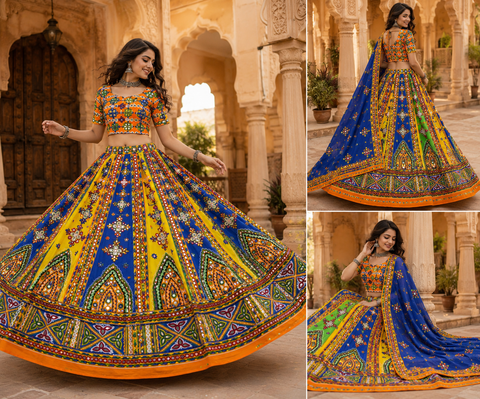 Cotton-based traditional Chaniya Choli set featuring a huge ankle-length flare and a long free-size blouse. Slight variation in colour and design may occur. Model is shown for reference purposes only. (Blouse can be altered in any size below 44 )