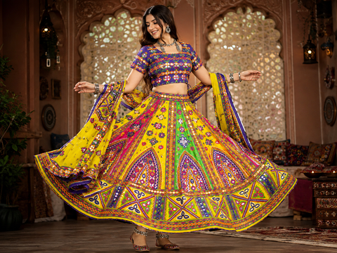 Cotton-Based Traditional Chaniya Choli Set Featuring A Huge Ankle-Length Flare And A Long Free-Size Blouse. Slight Variation In Colour And Design May Occur. Model Is Shown For Reference Purposes Only. (Blouse Can Be Altered In Any Size Below 44 )