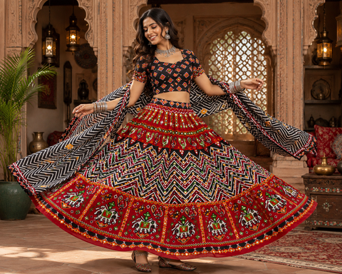 Cotton-Based Traditional Chaniya Choli Set Featuring A Huge Ankle-Length Flare And A Long Free-Size Blouse. Slight Variation In Colour And Design May Occur. Model Is Shown For Reference Purposes Only. (Blouse Can Be Altered In Any Size Below 40 )