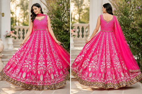 Silk based printed with Mirror work heavy flared gown and dupatta