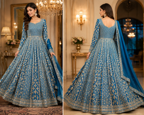 (Video clip attached ) Pure georgette  based Based heavy Embroidery With Sequined Work Designer Kameez /Gown and Georgette Based heavy embroidery work with sequined work Dupatta(slight variation in color & design is possible)