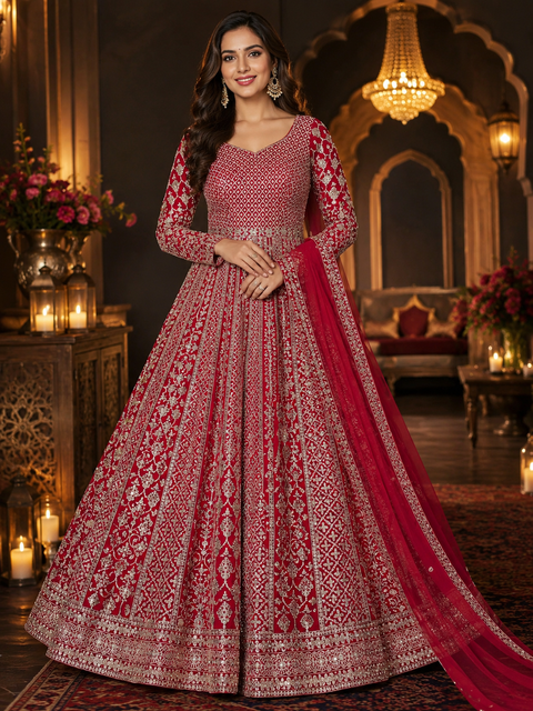 (Video clip attached ) Pure georgette  based Based heavy Embroidery With Sequined Work Designer Kameez /Gown and Georgette Based heavy embroidery work with sequined work Dupatta (slight variation in color & design is possible)