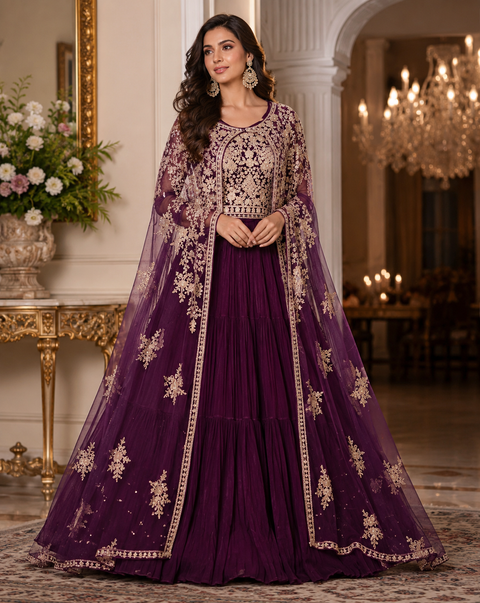 Georgette Based embroidery & stone work Designer Flared Kameez /Gown With jacket attached to long sleeves