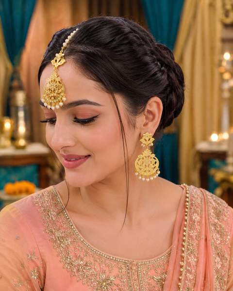 Golden Jadau Traditional Punjabi Earring & Tika Set