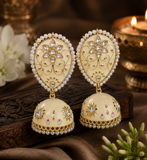Meenakri work with Kundan & pearl jhumka