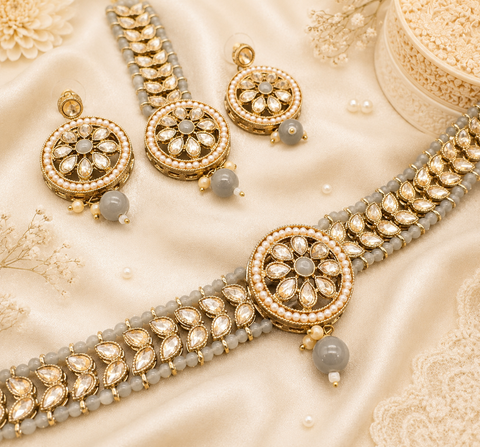 Beautiful pearls with stone beaded choker necklace with small studs and tikka