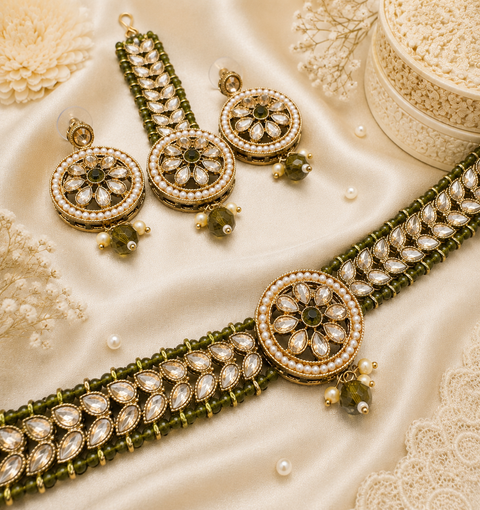 Beautiful pearls with stone beaded choker necklace with small studs and tikka