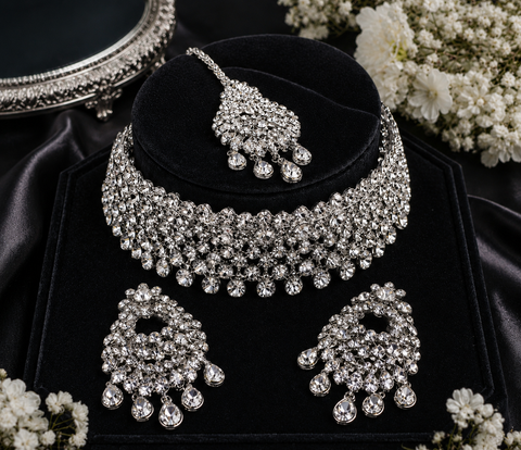 Silver Jerkan Stone Beautiful Necklace Set (slight variation in color and design is possible )