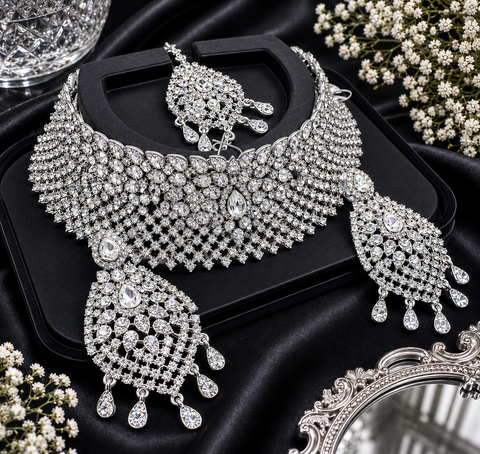 Silver Jerkan Stone Beautiful Necklace Set (slight variation in color and design is possible )
