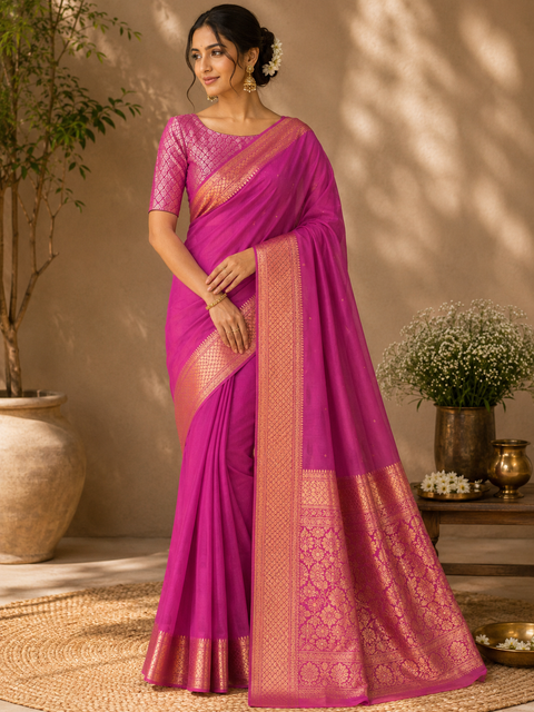 Fushsia Pink color Pure Georgette based heavy zari border work all on borders and on Pallu (blouse is for reference only, Comes With An Unstitched Running Blouse Piece Attached To The Saree (Slight Variation In Color And Design Is possible)
