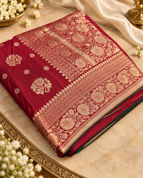 Luxuriously soft silk saree with a smooth, lightweight feel and beautifully flowy drape. Featuring rich woven zari floral motifs and an elegant detailed border .Blouse piece included. Slight variation in colour and design is possible.