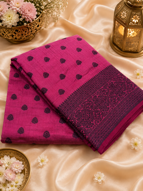 Beautiful semi-silk cotton saree with an elegant woven border and classic motifs. Attached blouse piece included. Slight variation in colour and design may occur.