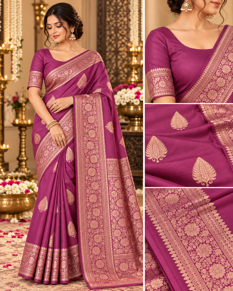 Luxuriously soft silk saree with a smooth, lightweight feel and beautifully flowy drape. Featuring rich woven zari floral motifs and an elegant detailed border .Blouse piece included. Slight variation in colour and design is possible.