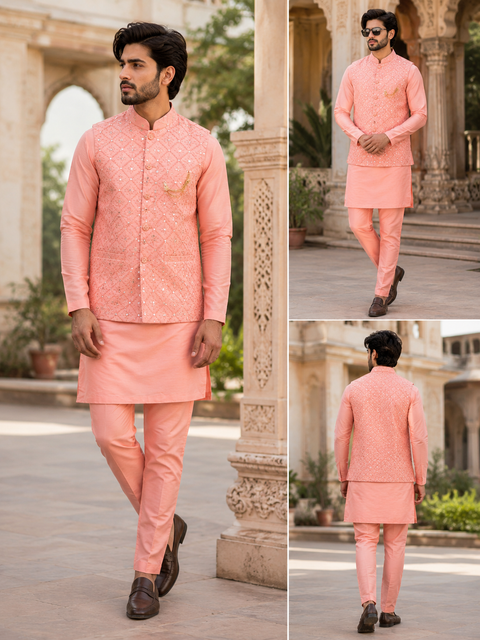 Blush Pink Colour Silk Based Kurta With Pants & Mirror Look Stylish Jacket (Slight Variation In Color And Design Is Possible)