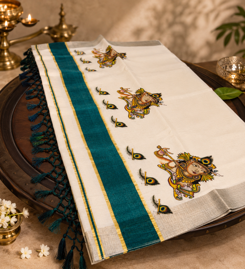 KERALA GOLD TISSUE WITH DIGITAL RADHA KRISHNA DESIGN PRINT BEAUTIFUL SAREE