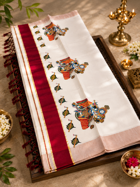 KERALA GOLD TISSUE WITH DIGITAL KRISHNA DESIGN PRINT BEAUTIFUL SAREE