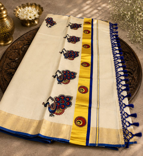 KERALA GOLD TISSUE WITH DIGITAL PEACOCK DESIGN PRINT BEAUTIFUL SAREE